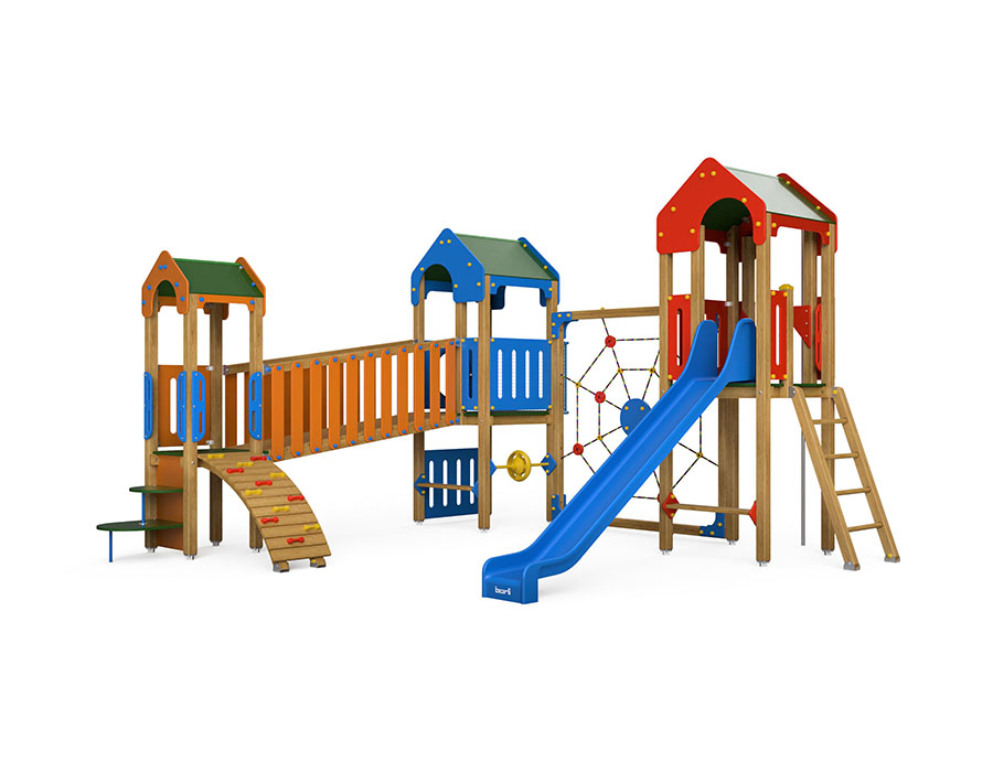 Spielturm-Kombination Crea-Play, Podesthöhen 90/120/150 cm, Satteldächer, Rutsche Ansicht 2
