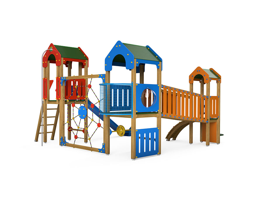 Spielturm-Kombination Crea-Play, Podesthöhen 90/120/150 cm, Satteldächer, Rutsche Ansicht 3