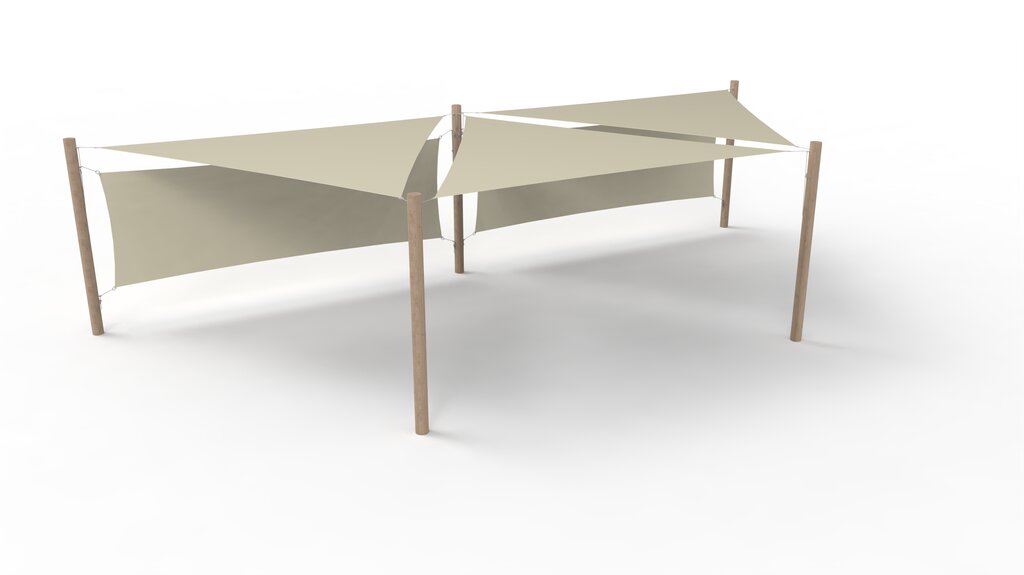 PE-Sonnensegel-System 3 Segel (4x4x4 m) + 5 Pfosten + 2 Windschutzwände Ansicht 2