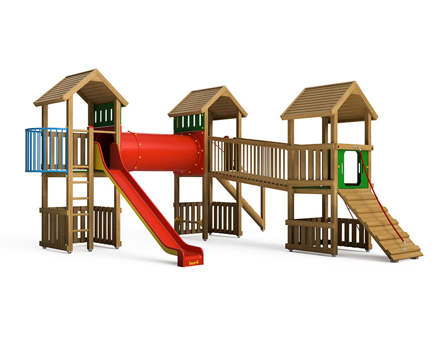 Spielturm-Kombination Eco, Podesthöhen 120/150 cm, Satteldächer, Rutsche, mit Kriechröhre und Verbindungsbrücke Ansicht 2
