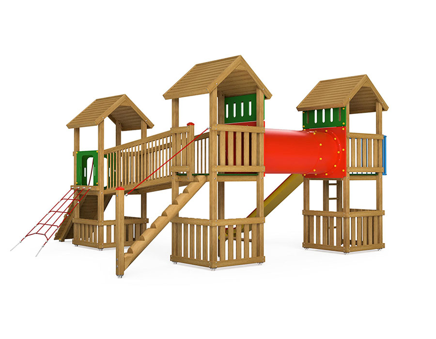 Spielturm-Kombination Eco, Podesthöhen 120/150 cm, Satteldächer, Rutsche, mit Kriechröhre und Verbindungsbrücke Ansicht 3