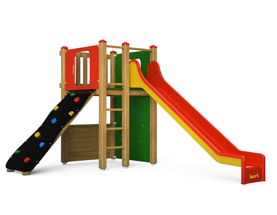 Spielturm-Kombination Kantholz, Podesthöhe 150 cm, Rutsche, mit Bergsteigerwand Ansicht 2