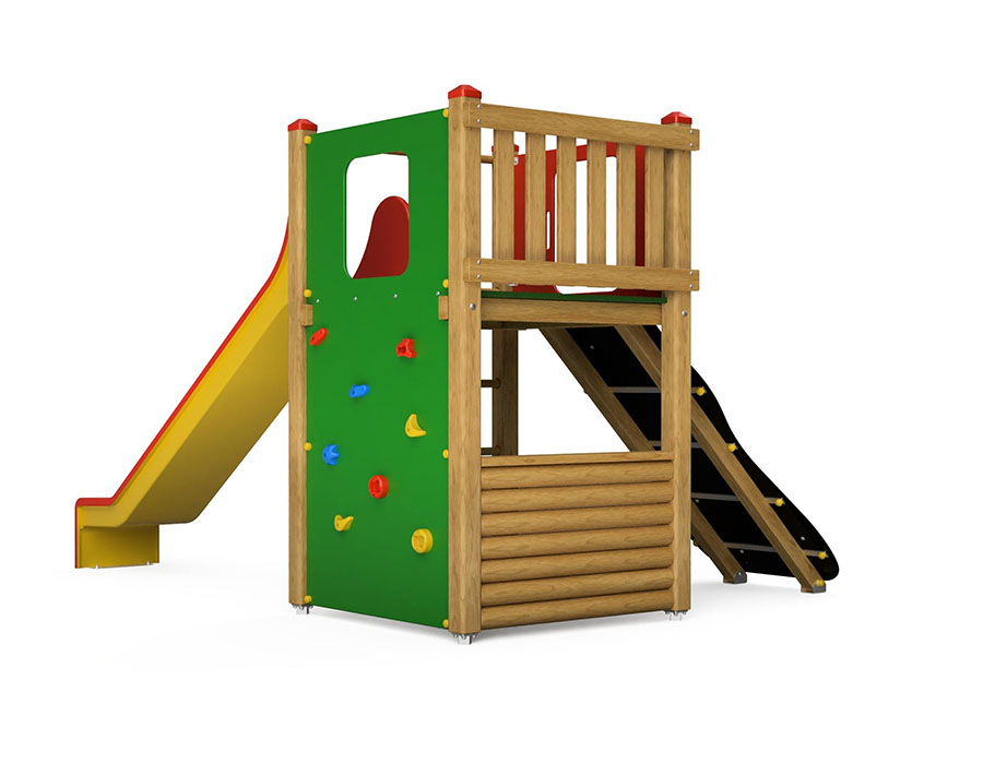 Spielturm-Kombination Kantholz, Podesthöhe 150 cm, Rutsche, mit Bergsteigerwand Ansicht 3