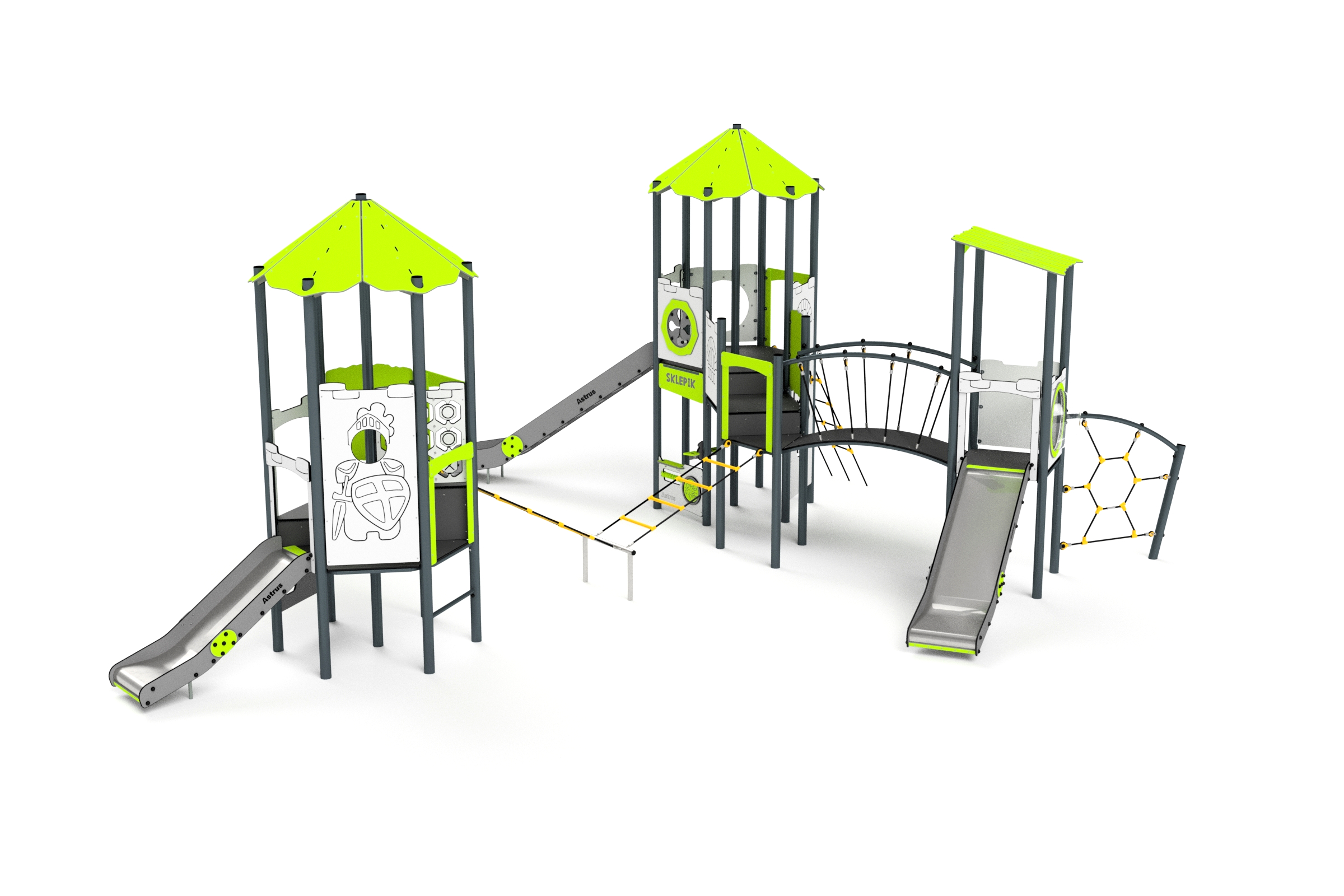 11086 3-Turm mit Rutschen, Sprossenleiter, Brücke, Netze, Spielwände und Kletterwand Ansicht 2