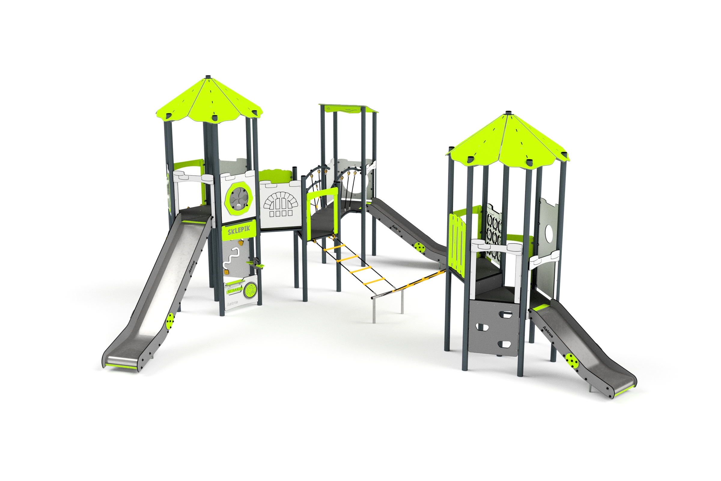 11086 3-Turm mit Rutschen, Sprossenleiter, Brücke, Netze, Spielwände und Kletterwand Ansicht 3