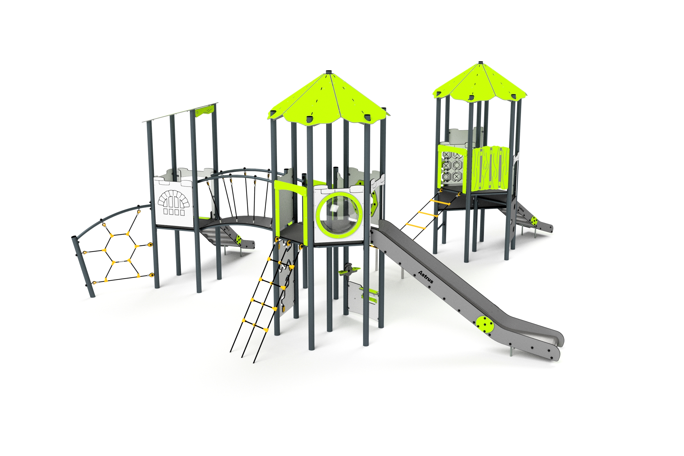 11086 3-Turm mit Rutschen, Sprossenleiter, Brücke, Netze, Spielwände und Kletterwand Ansicht 4