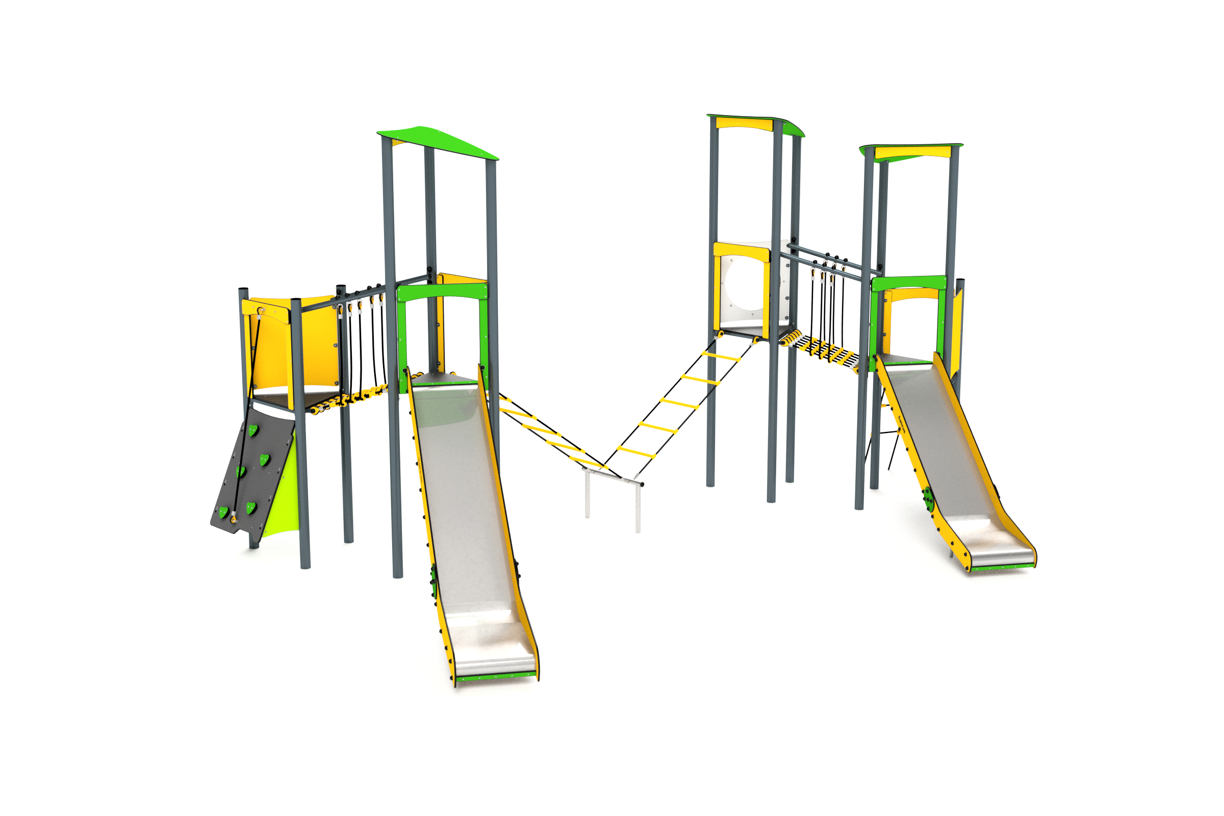 11055 3-Turm mit Rutschen, Kletternetze, Kletterwand und Balancierweg Ansicht 2