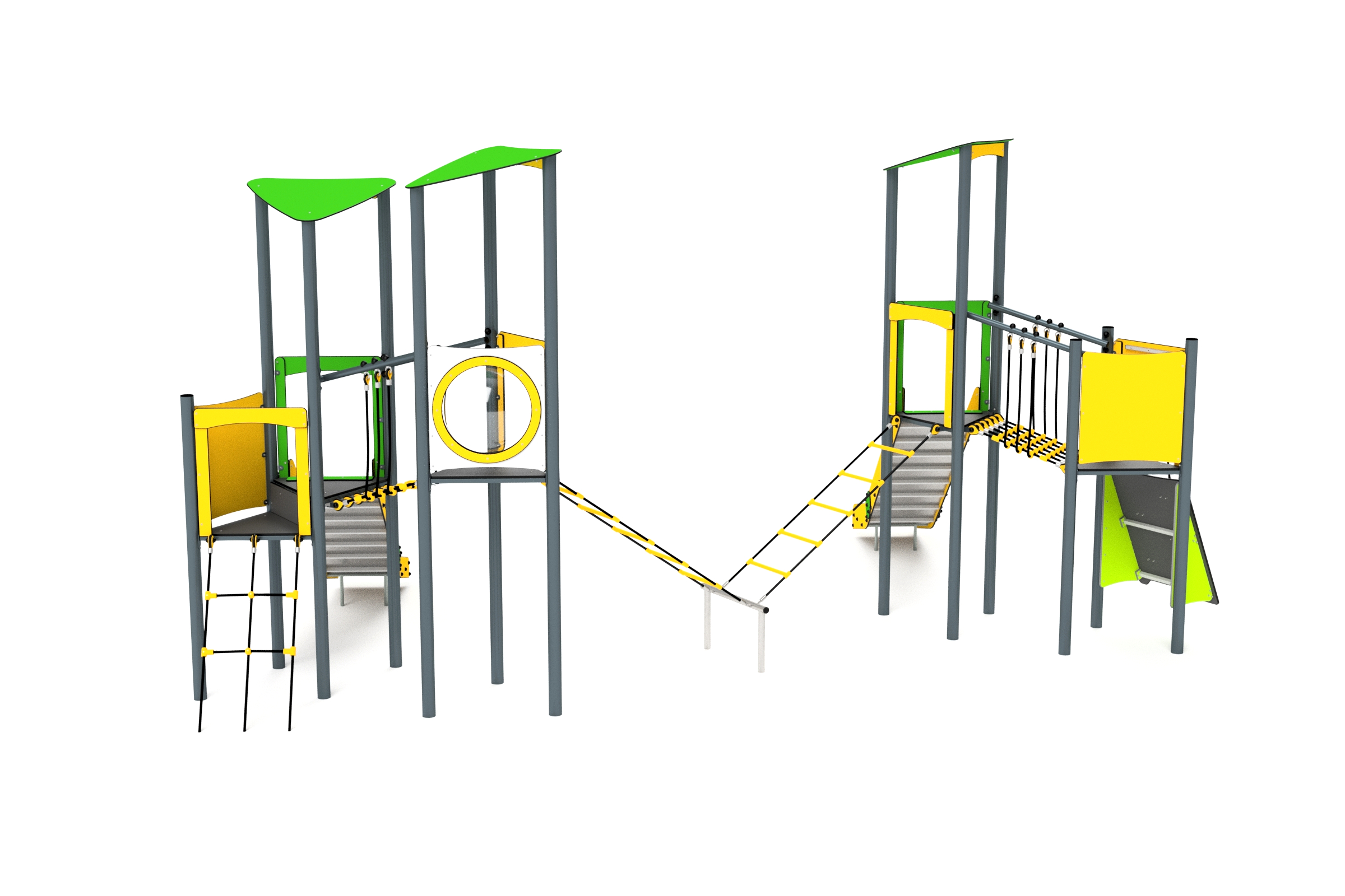 11055 3-Turm mit Rutschen, Kletternetze, Kletterwand und Balancierweg Ansicht 3