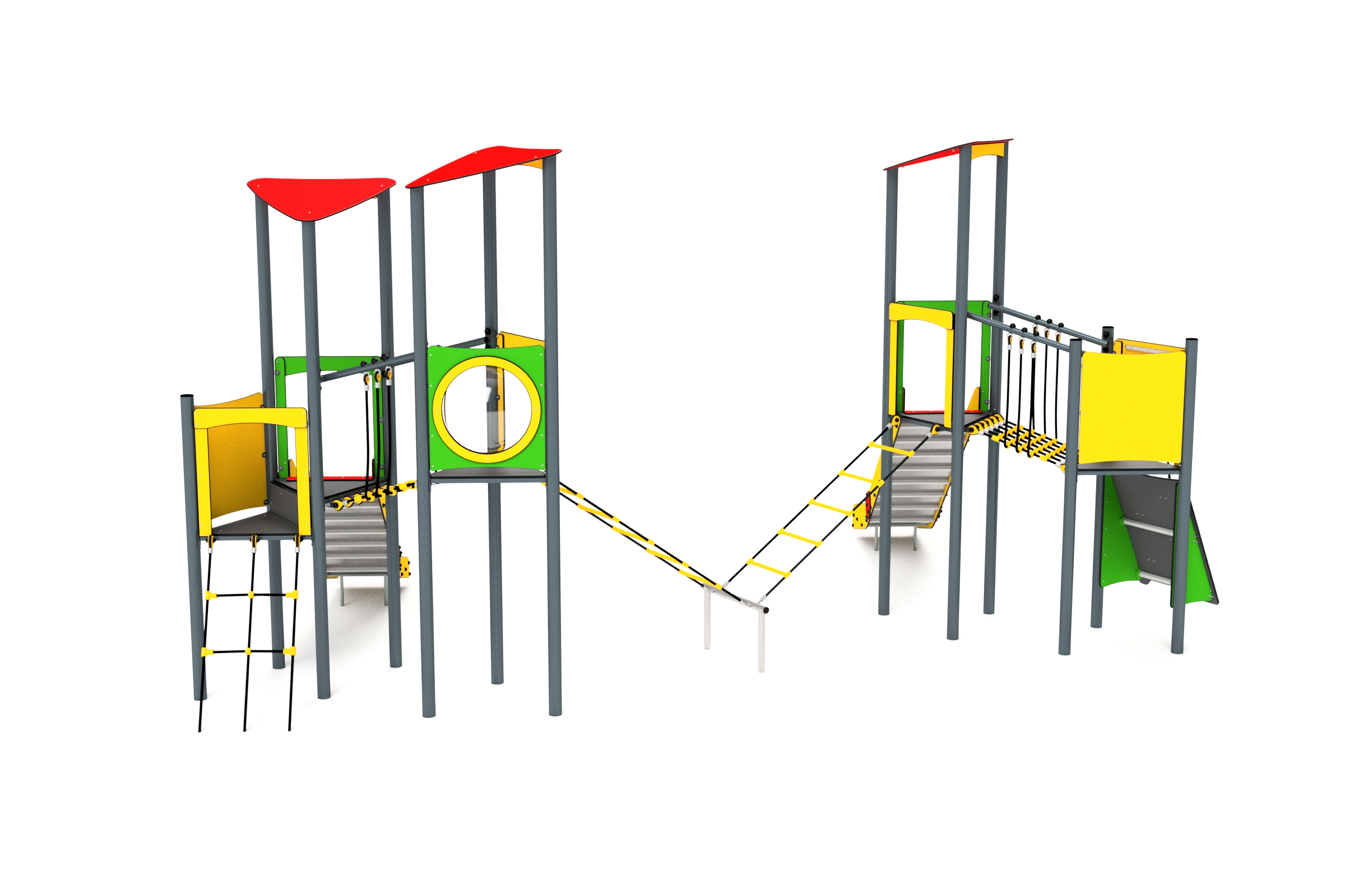 11055 3-Turm mit Rutschen, Kletternetze, Kletterwand und Balancierweg Ansicht 4
