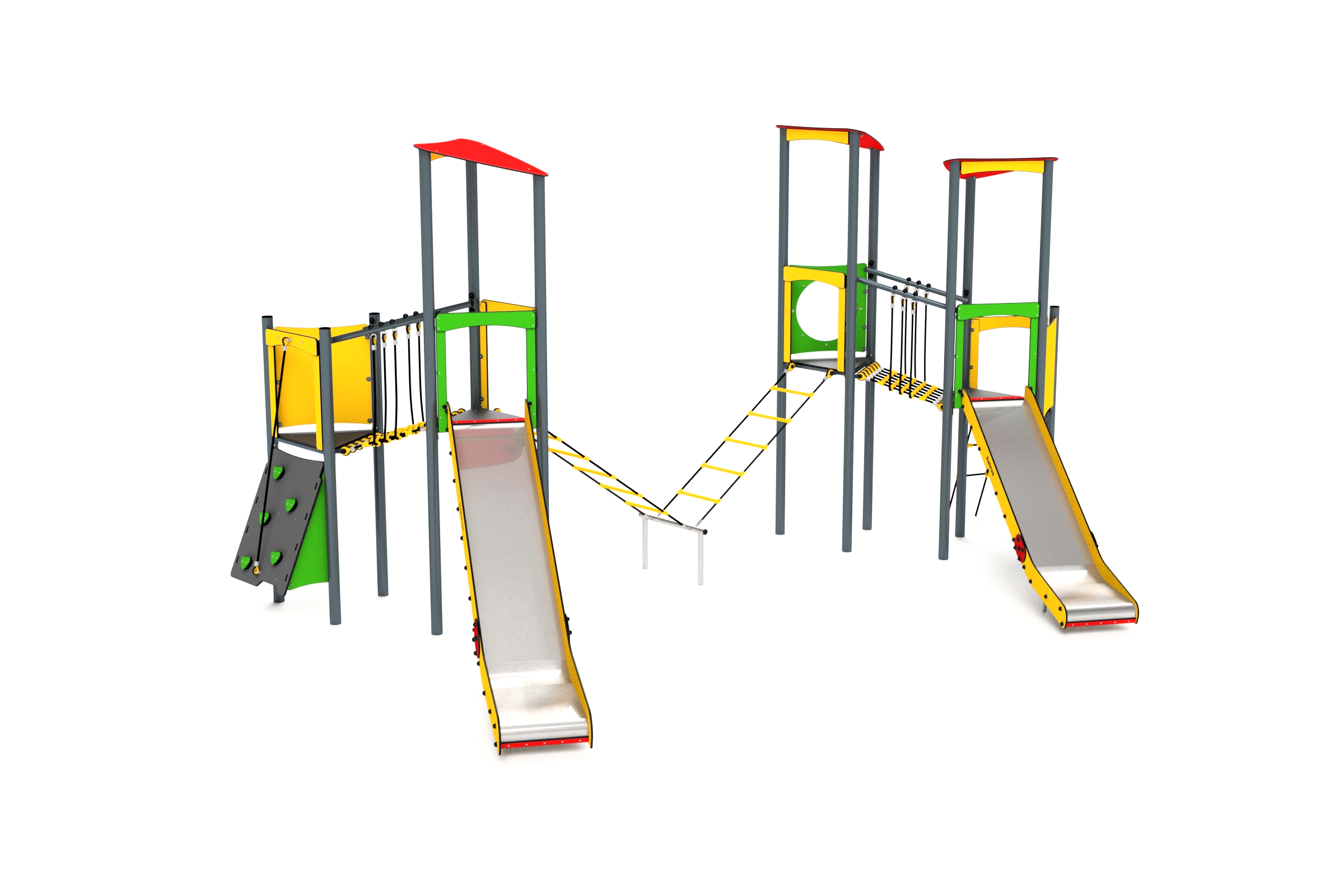 11055 3-Turm mit Rutschen, Kletternetze, Kletterwand und Balancierweg Ansicht 5