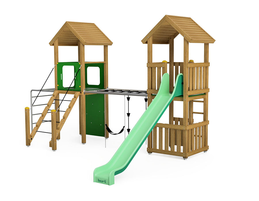 Spielturm-Kombination Eco, Podesthöhen 150 cm, Satteldächer, Rutsche, mit Netzübergang Ansicht 2