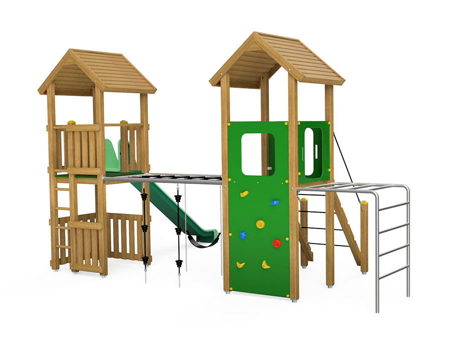 Spielturm-Kombination Eco, Podesthöhen 150 cm, Satteldächer, Rutsche, mit Netzübergang Ansicht 3