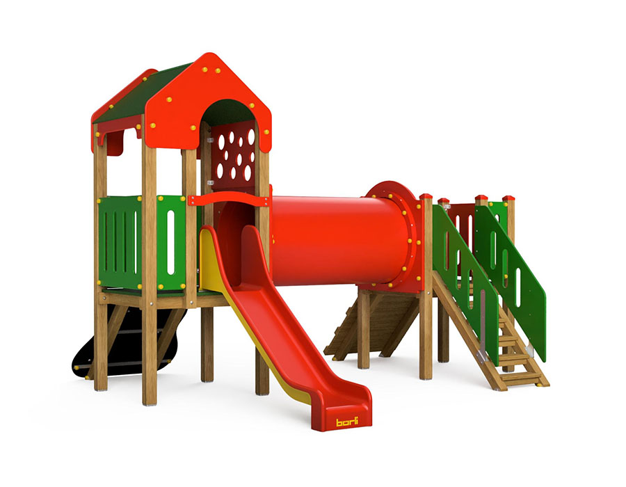 Spielturm-Kombination Crea-Play, Podesthöhen 90 cm, Satteldach, Rutsche Ansicht 2