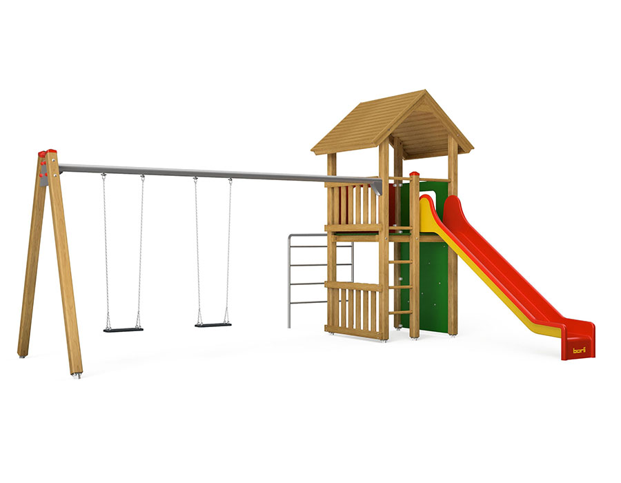 Spielturm-Kombination Kantholz, Podesthöhe 150 cm, Satteldach, Rutsche, mit Schaukel 2 Sitze Ansicht 2