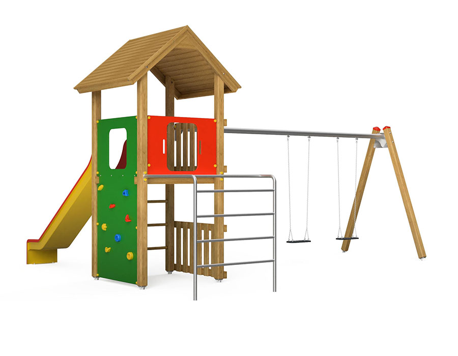 Spielturm-Kombination Kantholz, Podesthöhe 150 cm, Satteldach, Rutsche, mit Schaukel 2 Sitze Ansicht 3