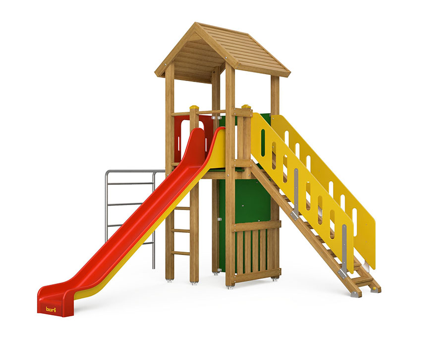Spielturm-Kombination Eco, Podesthöhe 150 cm, Satteldach, Rutsche, mit Bergsteigerwand und Aufstiegstreppe Ansicht 2