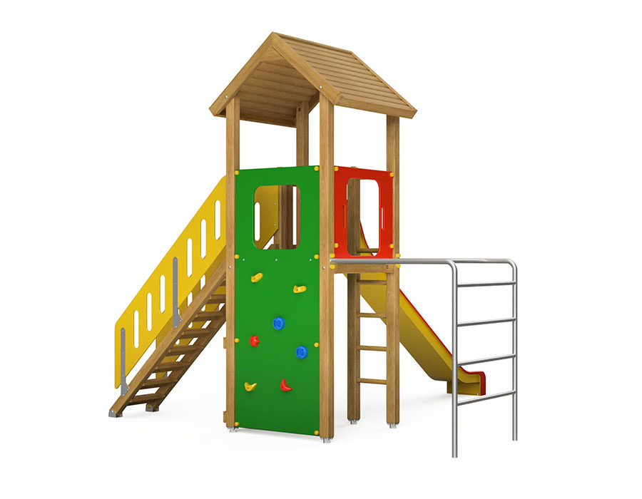 Spielturm-Kombination Eco, Podesthöhe 150 cm, Satteldach, Rutsche, mit Bergsteigerwand und Aufstiegstreppe Ansicht 3