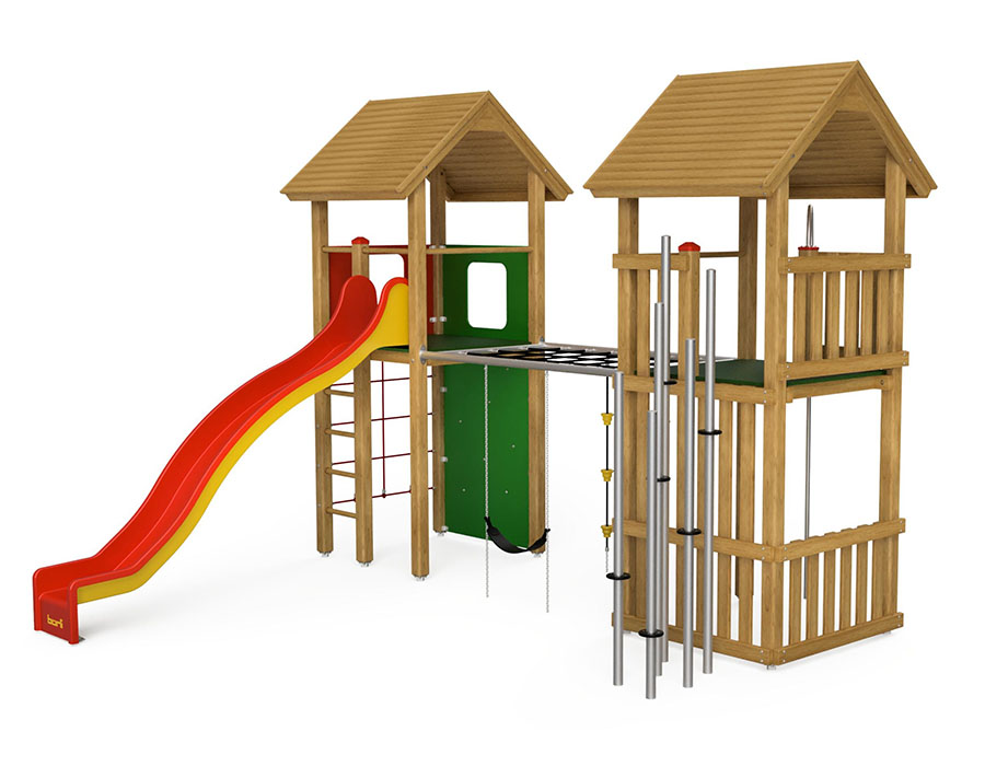 Spielturm-Kombination Kantholz, Podesthöhe 180 cm, Satteldächer, Rutsche Ansicht 2