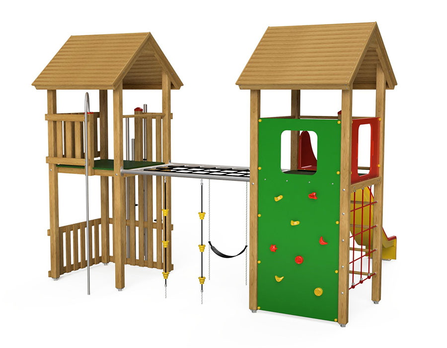 Spielturm-Kombination Kantholz, Podesthöhe 180 cm, Satteldächer, Rutsche Ansicht 3