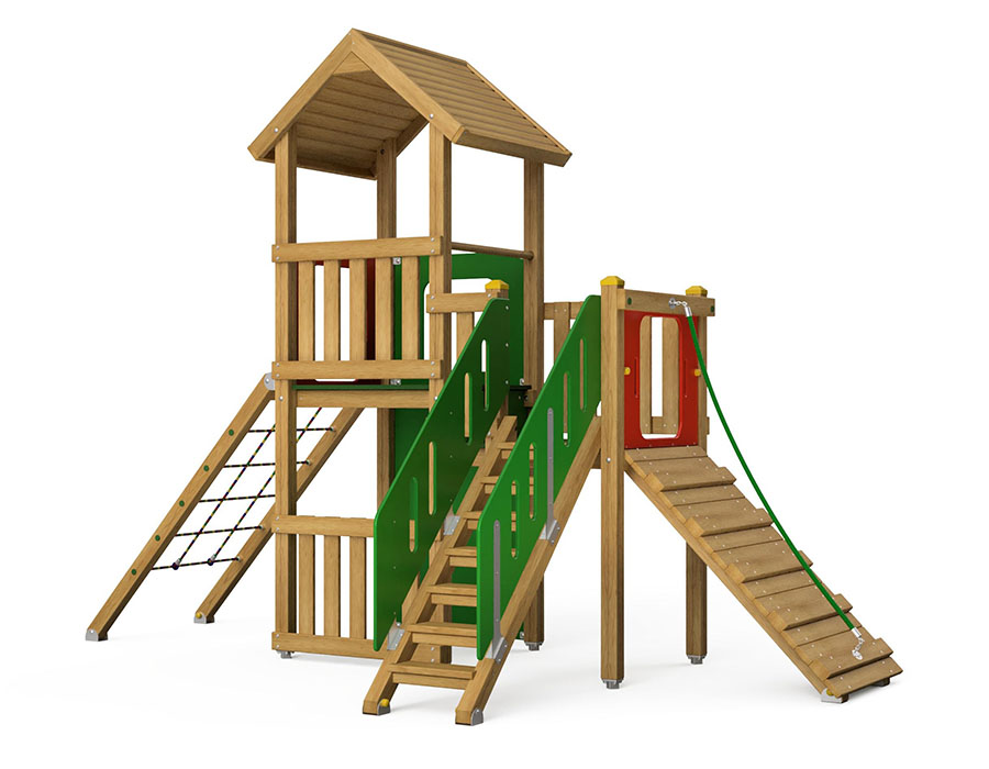 Spielturm-Kombination Eco, Podesthöhen 120/150 cm, Satteldach, ohne Rutsche Ansicht 2