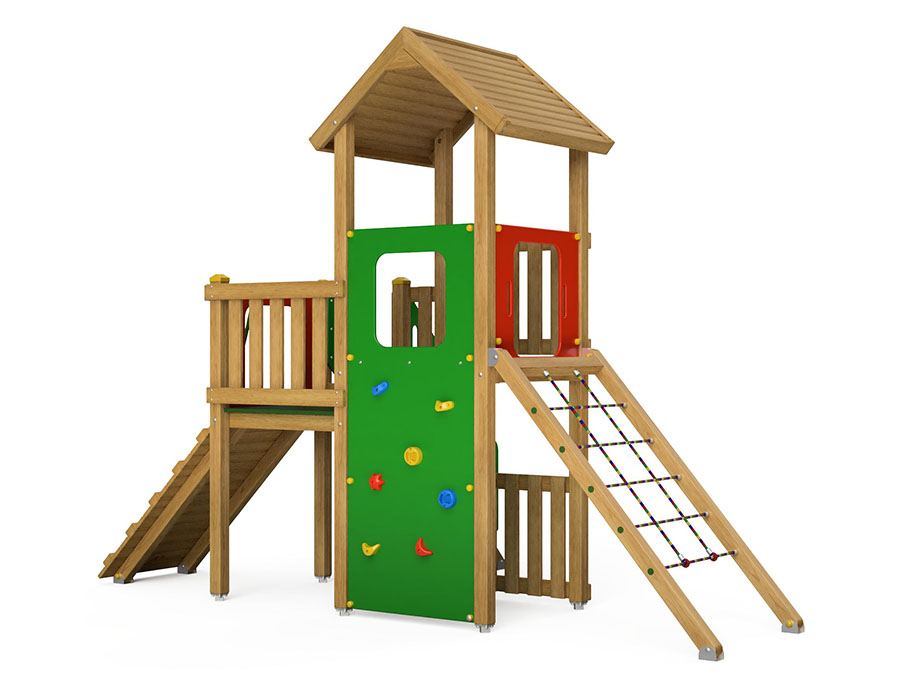 Spielturm-Kombination Eco, Podesthöhen 120/150 cm, Satteldach, ohne Rutsche Ansicht 3