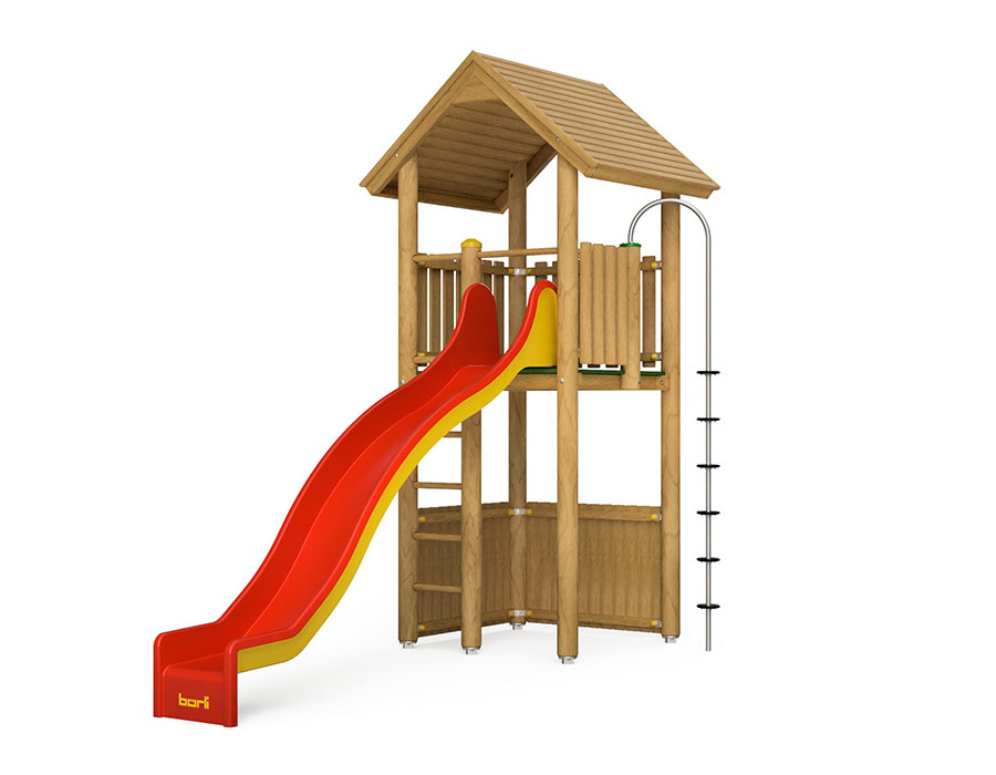 Spielturm-Kombination Rundholz, Podesthöhe 180 cm, Satteldach, Wellenrutsche, mit Kletterstange Ansicht 2