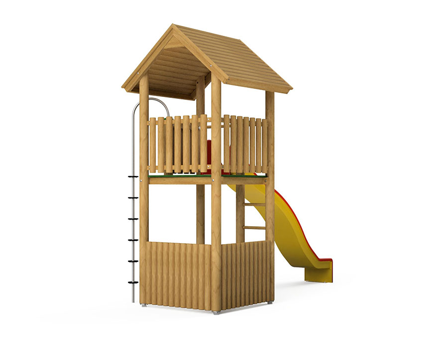 Spielturm-Kombination Rundholz, Podesthöhe 180 cm, Satteldach, Wellenrutsche, mit Kletterstange Ansicht 3
