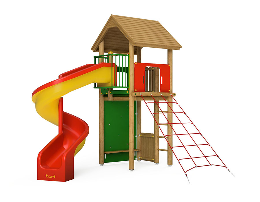 Spielturm-Kombination Rundholz, Podesthöhe 180 cm, Satteldach, Spiralrutsche Ansicht 2