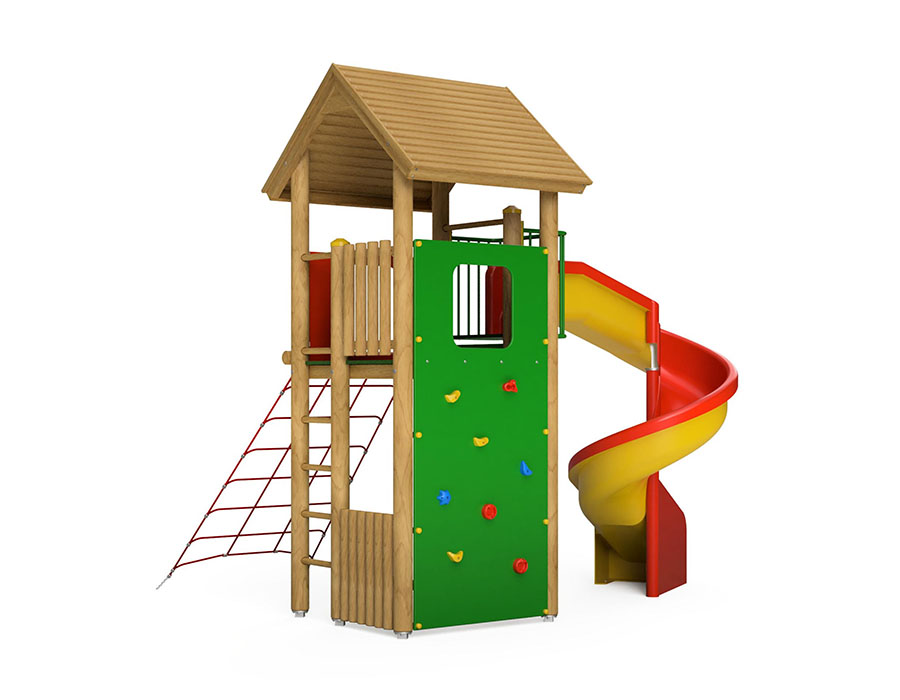 Spielturm-Kombination Rundholz, Podesthöhe 180 cm, Satteldach, Spiralrutsche Ansicht 3