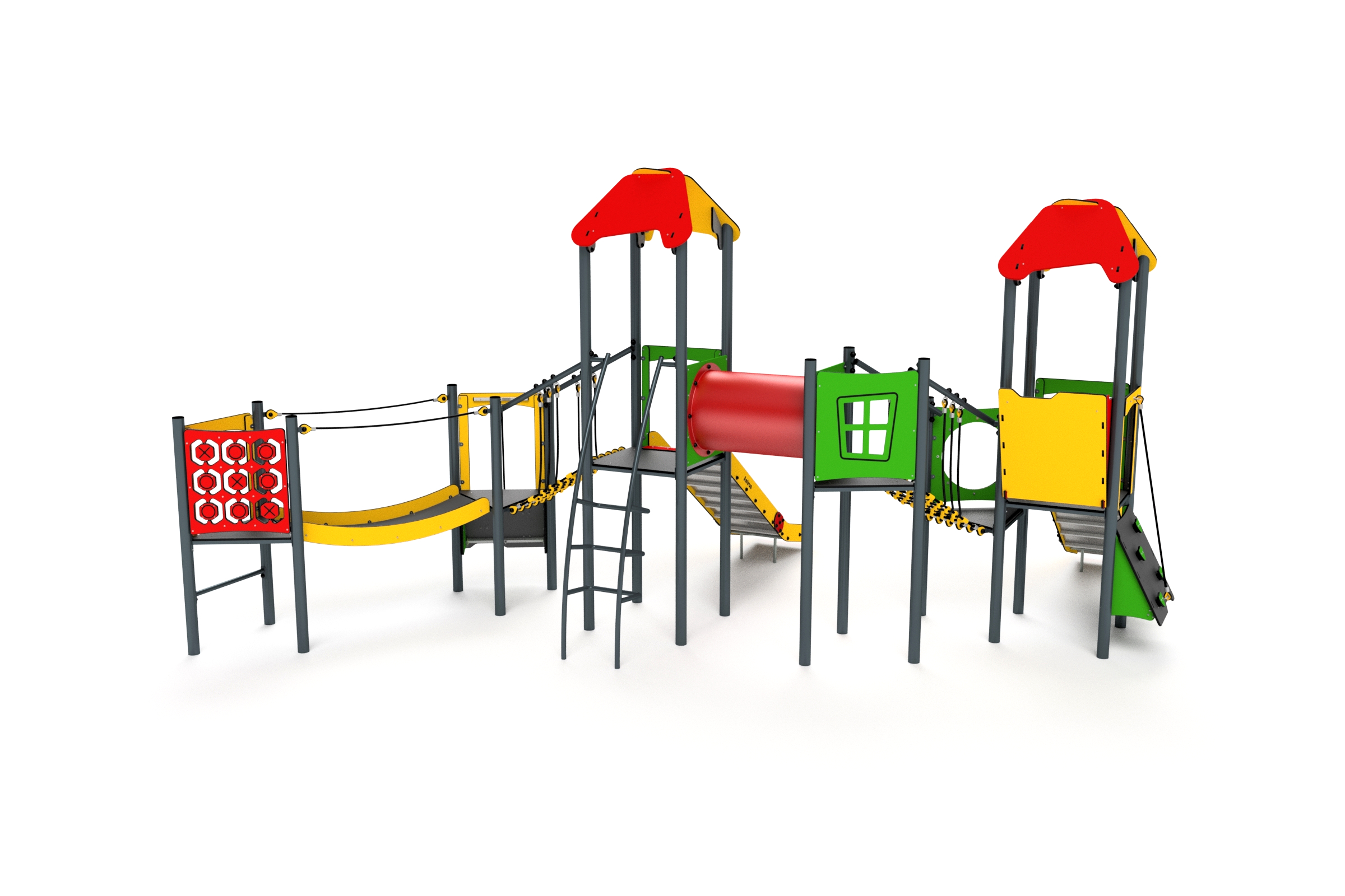 11082 Doppelturm mit Rutschen, Sprossenleiter, Kletterwand, Spielwand, Tunnel, Brücke und Balancierweg Ansicht 5