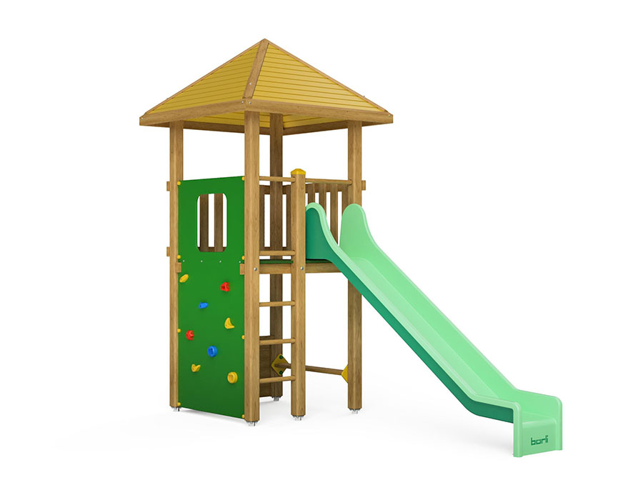 Spielturm-Kombination Kantholz, Podesthöhe 150 cm, Pyramidendach, Rutsche, mit Bergsteigerwand und Alu-Füllung Ansicht 2