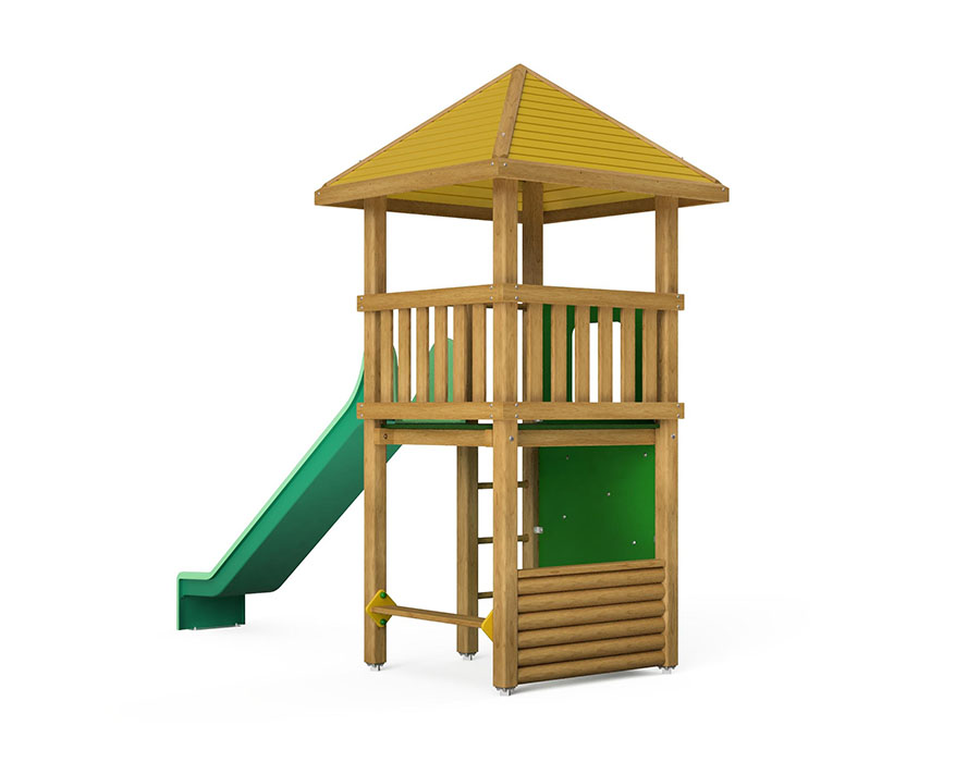 Spielturm-Kombination Kantholz, Podesthöhe 150 cm, Pyramidendach, Rutsche, mit Bergsteigerwand und Alu-Füllung Ansicht 3