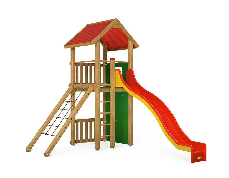 Spielturm-Kombination Kantholz, Podesthöhe 180 cm, Satteldach, Wellenrutsche, mit Bergsteigerwand und Kletternetz Ansicht 2
