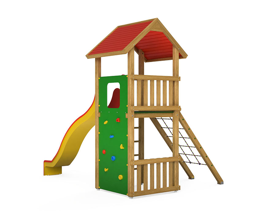 Spielturm-Kombination Kantholz, Podesthöhe 180 cm, Satteldach, Wellenrutsche, mit Bergsteigerwand und Kletternetz Ansicht 3