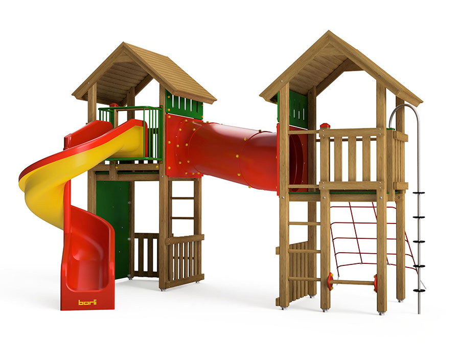 Spielturm-Kombination Kantholz, Podesthöhen 150/180/200 cm, Satteldächer, Spiralrutsche Ansicht 2