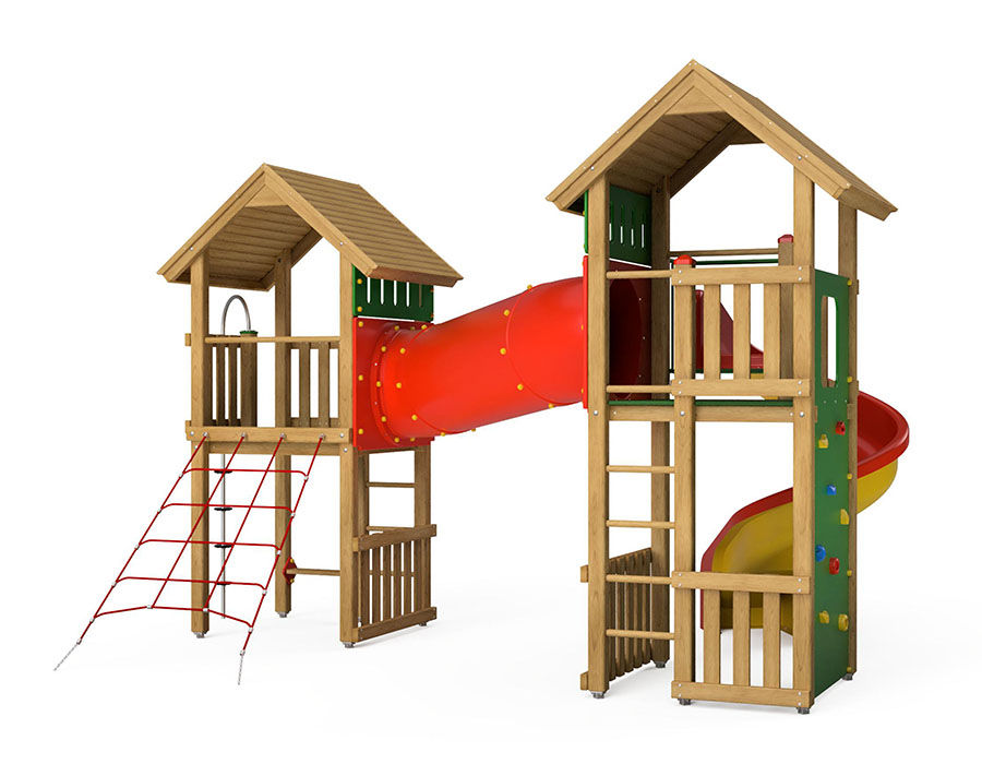 Spielturm-Kombination Kantholz, Podesthöhen 150/180/200 cm, Satteldächer, Spiralrutsche Ansicht 3