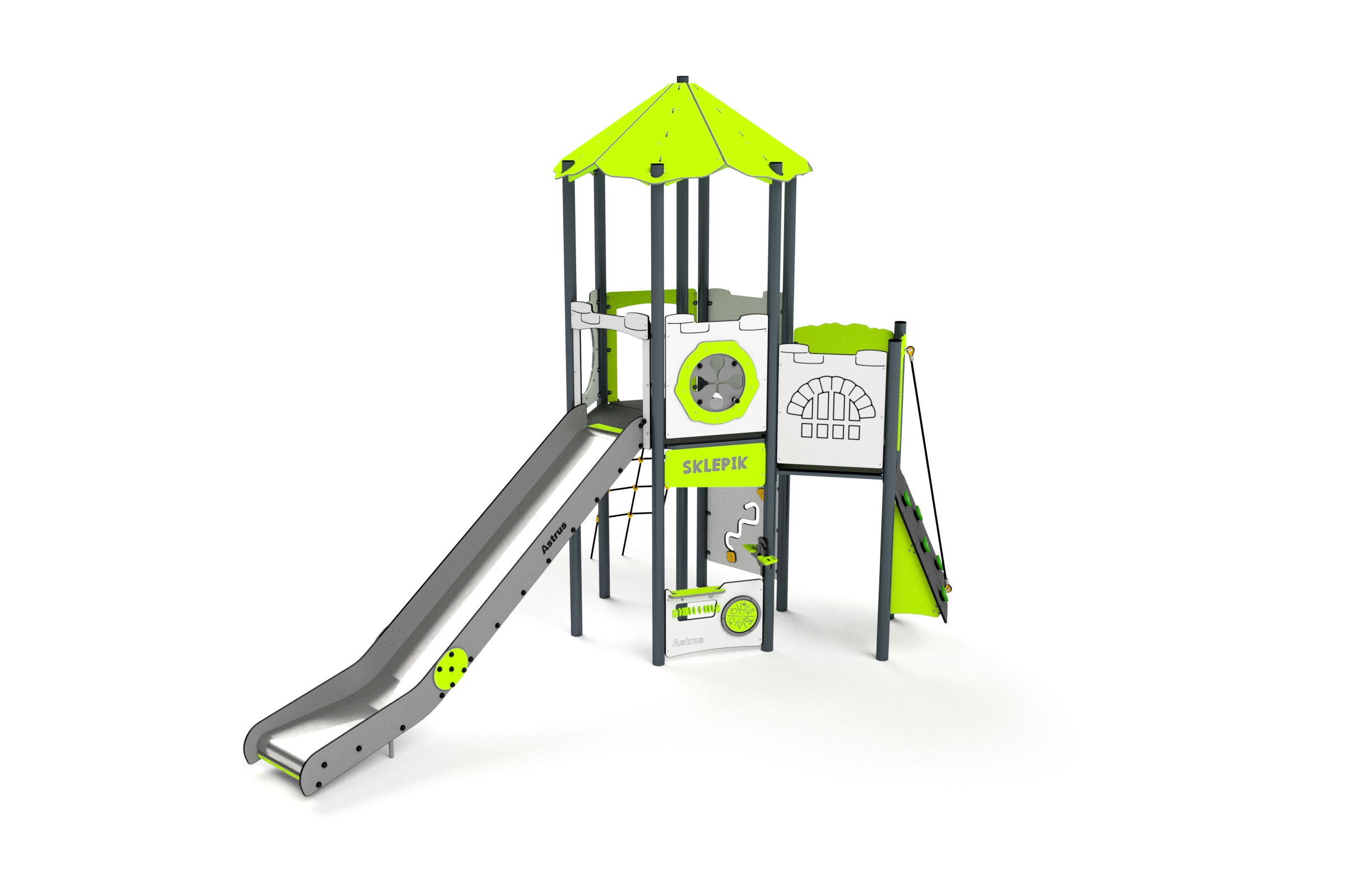11089 Turm mit Kletterwand, Kletterrutsche, Spielwand und Rutsche Ansicht 2
