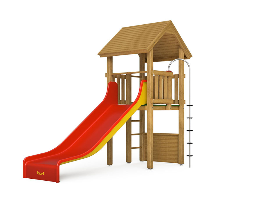 Spielturm-Kombination Kantholz, Podesthöhe 150 cm, Satteldach, Doppelrutsche Ansicht 2