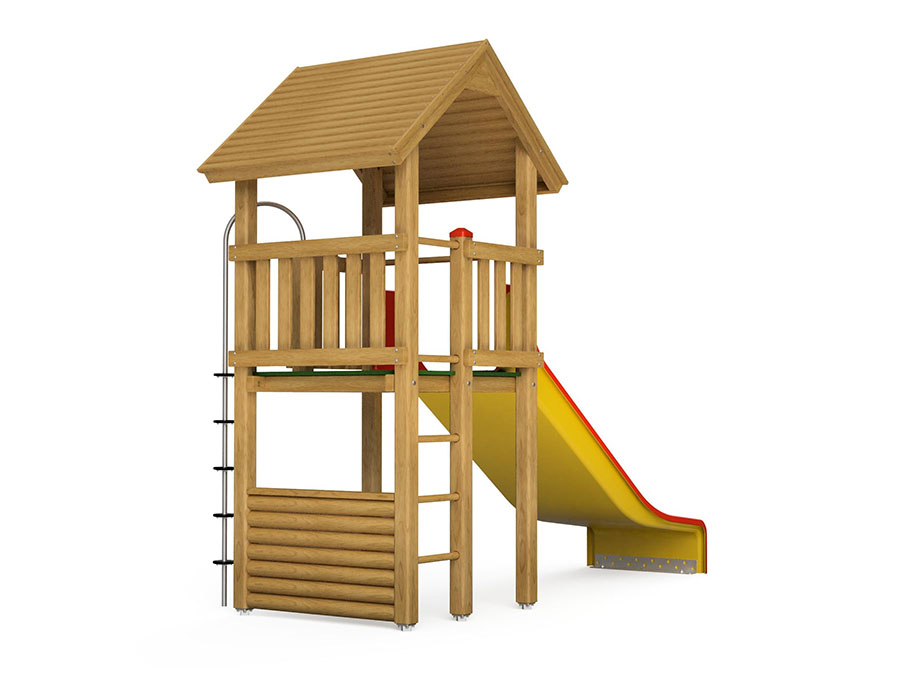 Spielturm-Kombination Kantholz, Podesthöhe 150 cm, Satteldach, Doppelrutsche Ansicht 3
