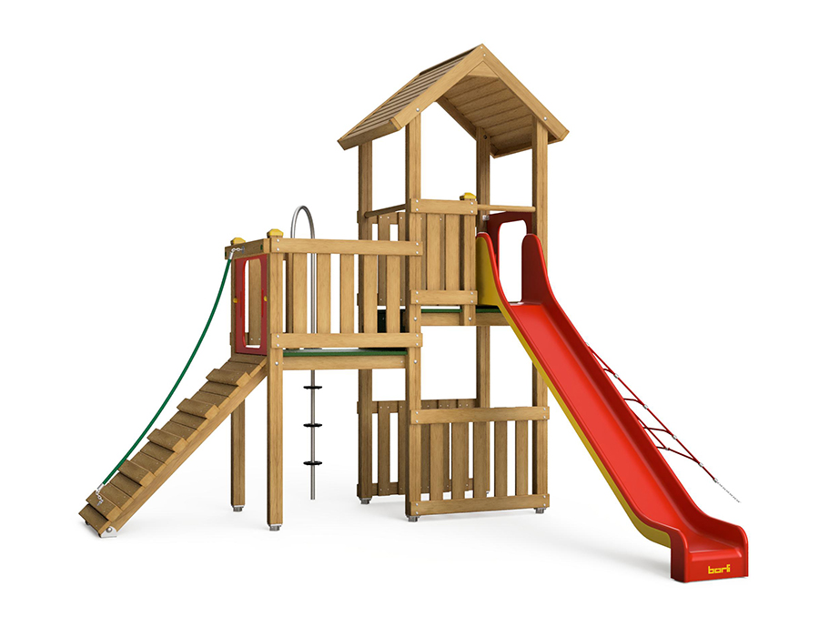 Spielturm-Kombination Eco, Podesthöhen 120/150 cm, Satteldach, Rutsche, mit Kletterstange Ansicht 2