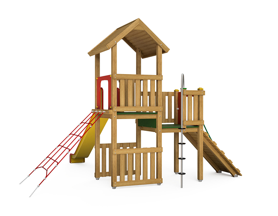 Spielturm-Kombination Eco, Podesthöhen 120/150 cm, Satteldach, Rutsche, mit Kletterstange Ansicht 3