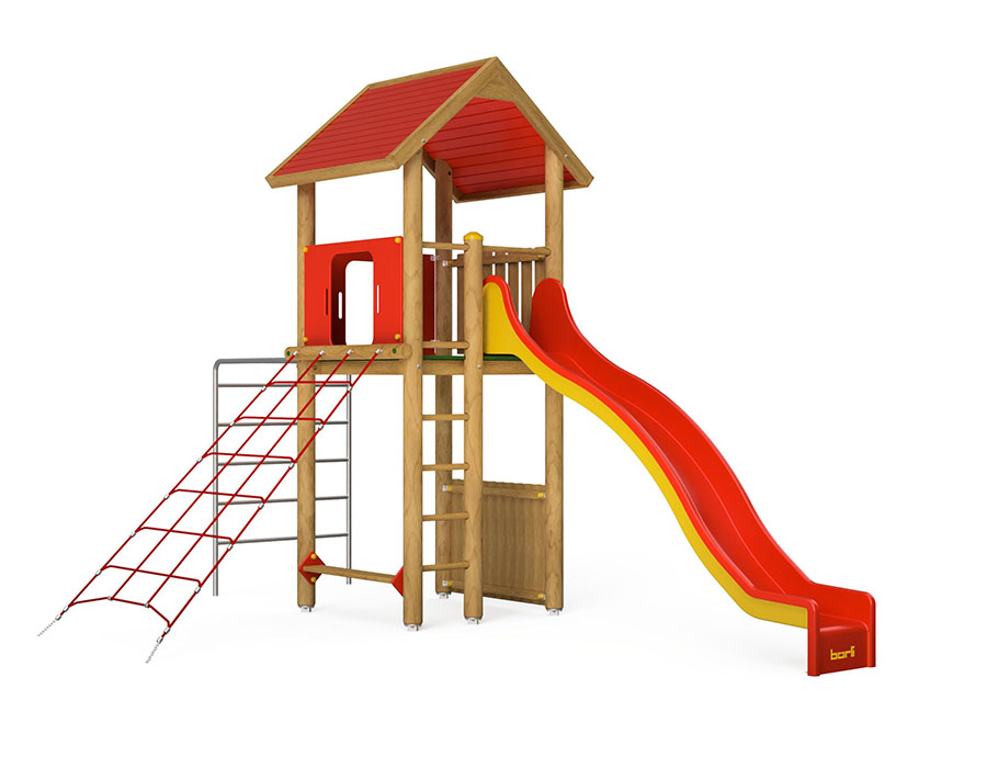 Spielturm-Kombination Rundholz, Podesthöhe 180 cm, Satteldach, Wellenrutsche, mit Kletternetz Ansicht 2