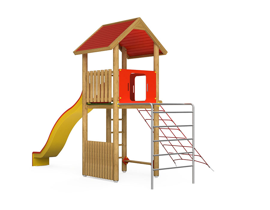 Spielturm-Kombination Rundholz, Podesthöhe 180 cm, Satteldach, Wellenrutsche, mit Kletternetz Ansicht 3