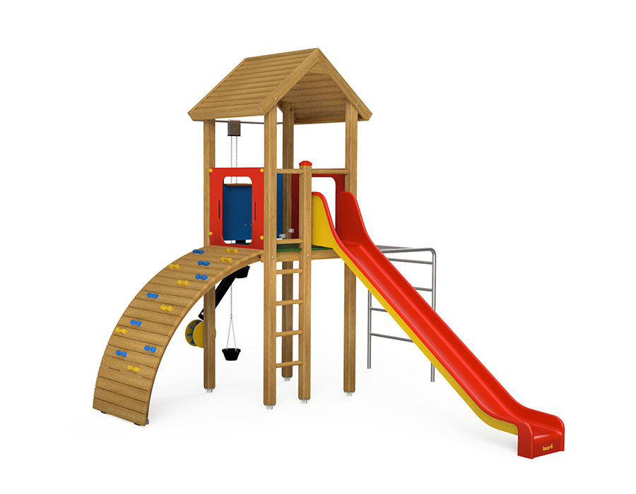 Spielturm-Kombination Eco, Podesthöhe 150 cm, Satteldach, Rutsche, mit Sandspiel und Metall-Hangelleiter Ansicht 2