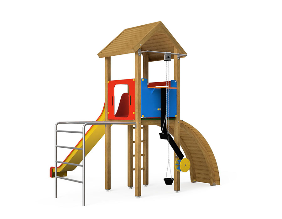 Spielturm-Kombination Eco, Podesthöhe 150 cm, Satteldach, Rutsche, mit Sandspiel und Metall-Hangelleiter Ansicht 3