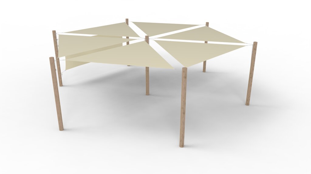 PE-Sonnensegel-System 6 Segel (3x3x3 m) + 7 Pfosten + 1 Windschutzwand Ansicht 2