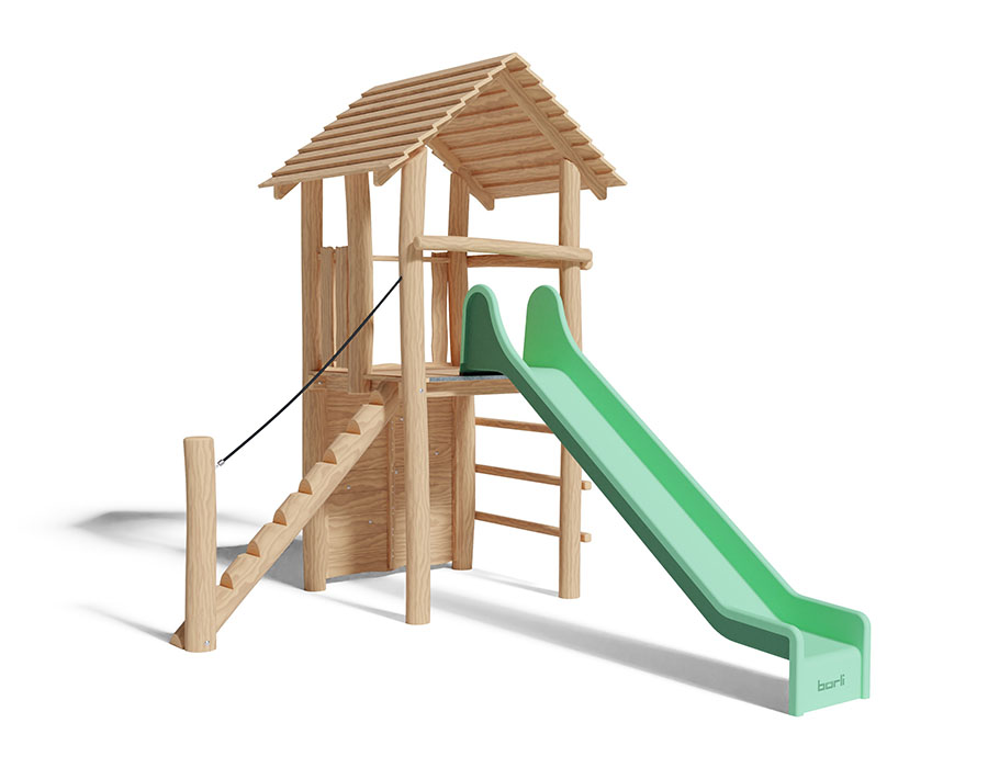 Spielturm-Kombination Robinie, Podesthöhe 150 cm, Satteldach, Rutsche, mit Bergsteigerwand Ansicht 2