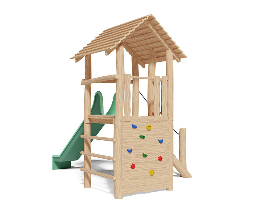 Spielturm-Kombination Robinie, Podesthöhe 150 cm, Satteldach, Rutsche, mit Bergsteigerwand Ansicht 3