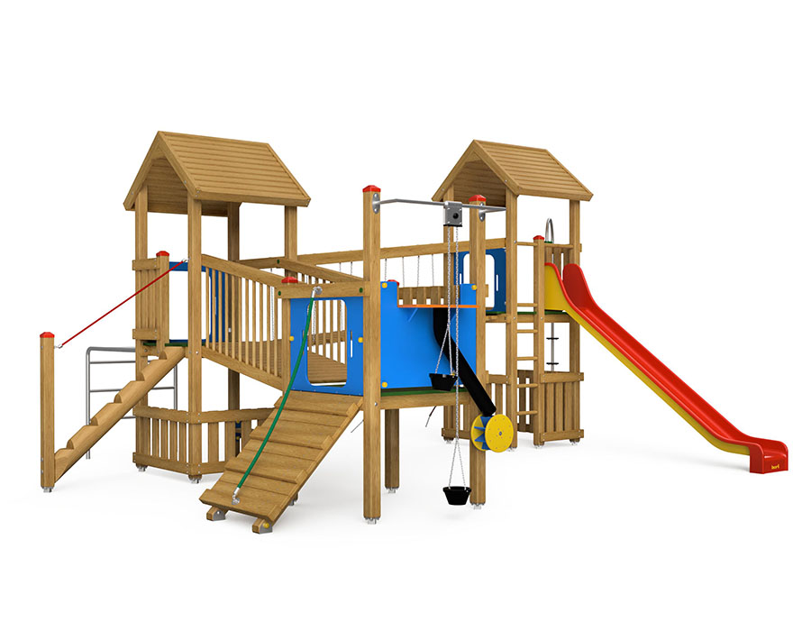 Spielturm-Kombination Eco, Podesthöhen 90/120/150 cm, Satteldächer, Rutsche Ansicht 2