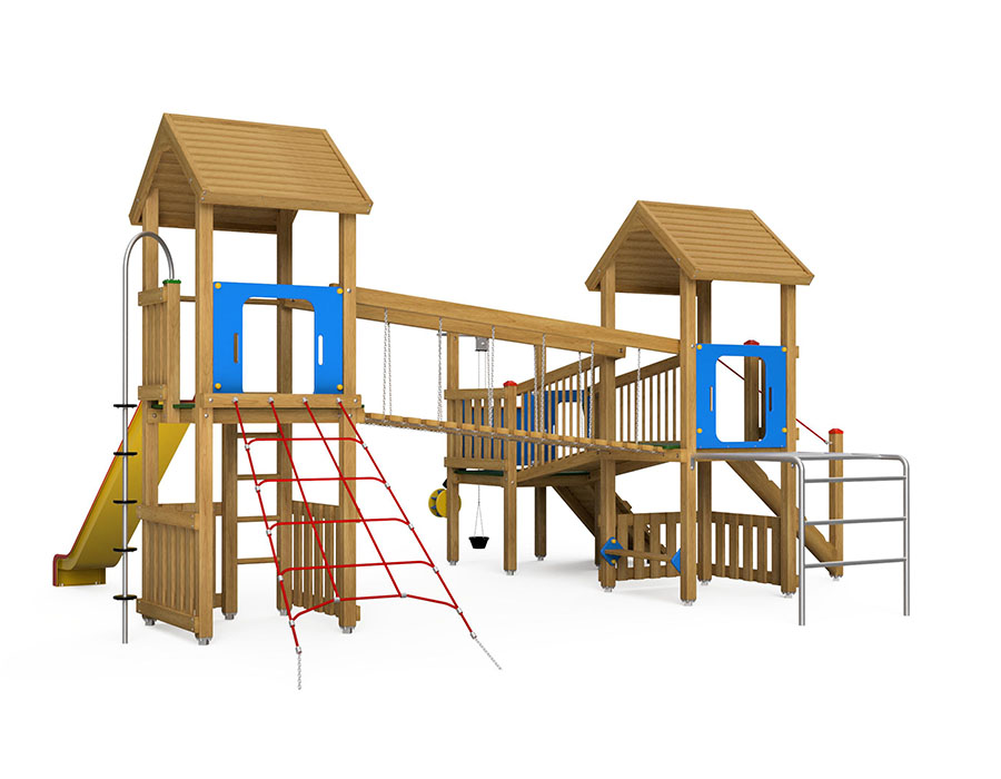 Spielturm-Kombination Eco, Podesthöhen 90/120/150 cm, Satteldächer, Rutsche Ansicht 3
